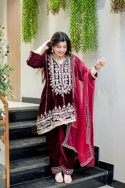 Nehera Maroon Upside Down Embroidered Velvet Suit