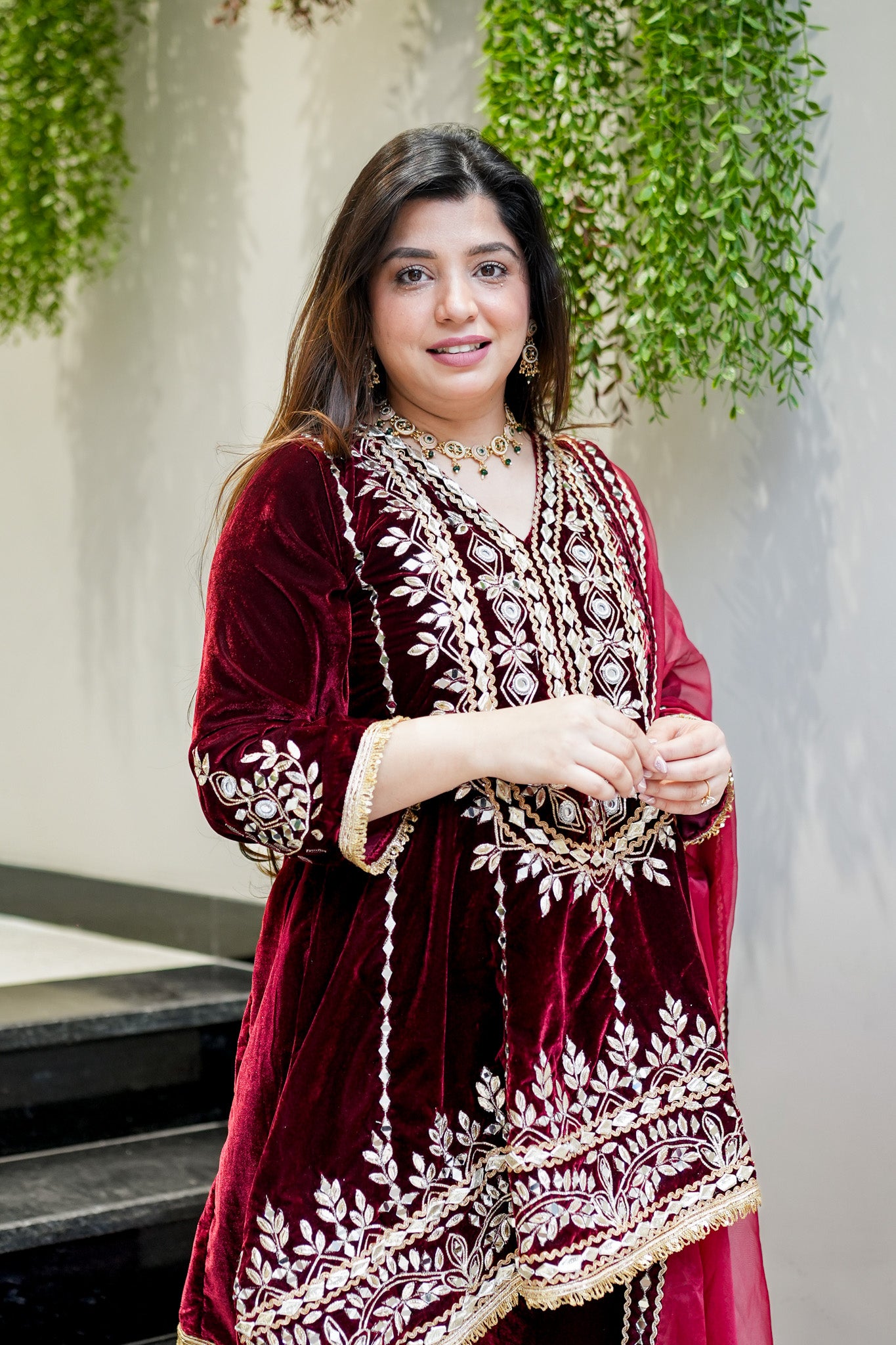 Nehera Maroon Upside Down Embroidered Velvet Suit