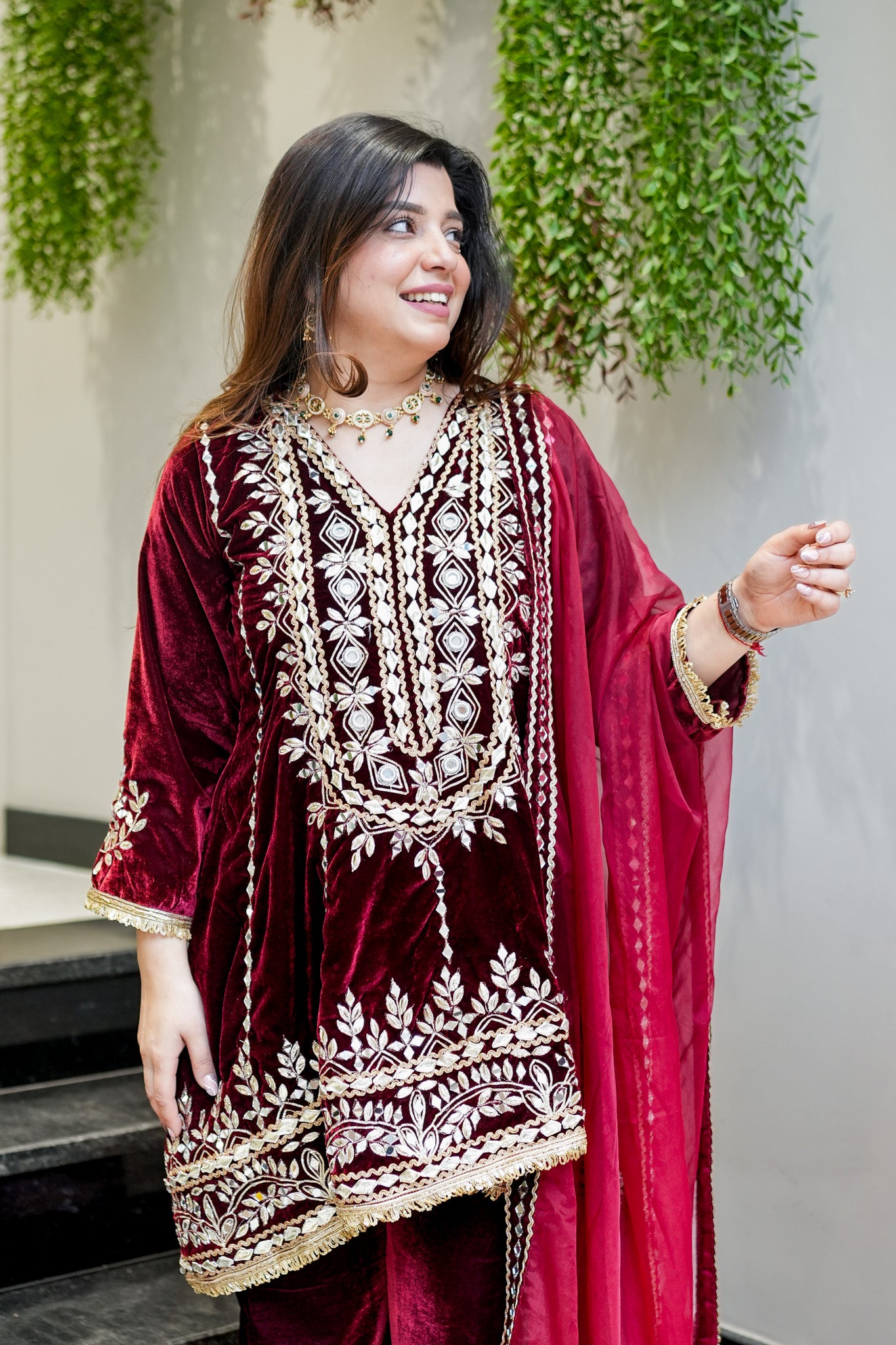 Nehera Maroon Upside Down Embroidered Velvet Suit