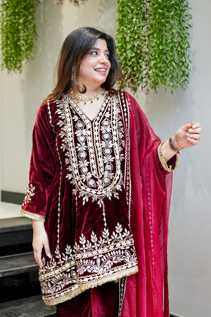 Nehera Maroon Upside Down Embroidered Velvet Suit