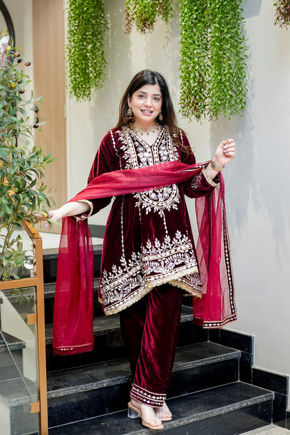 Nehera Maroon Upside Down Embroidered Velvet Suit