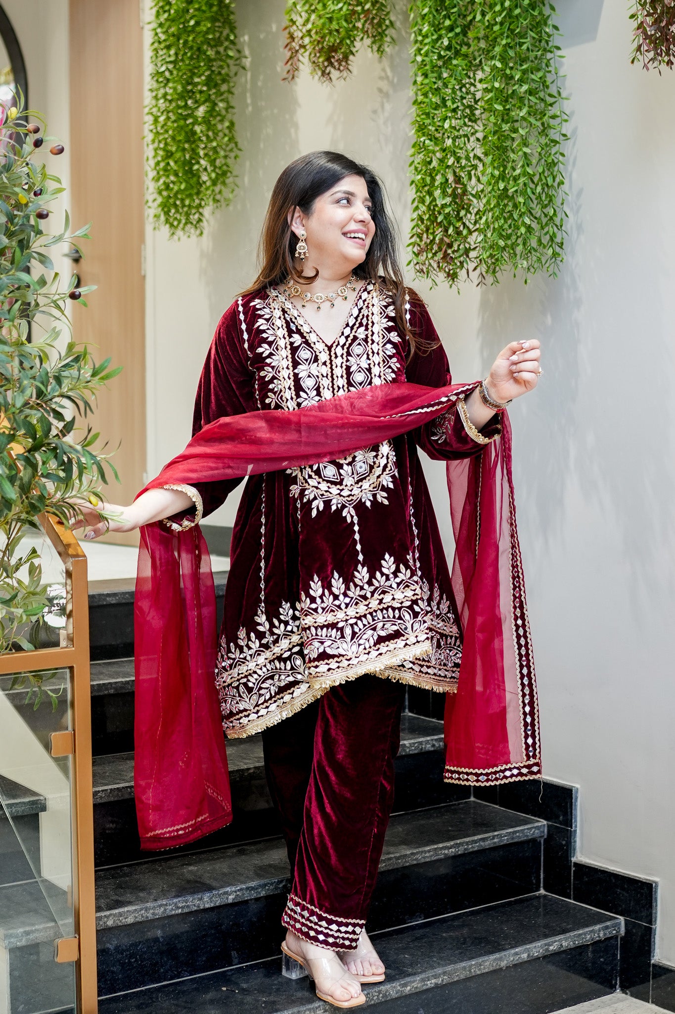 Nehera Maroon Upside Down Embroidered Velvet Suit