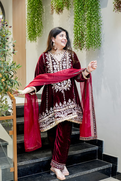 Nehera Maroon Upside Down Embroidered Velvet Suit