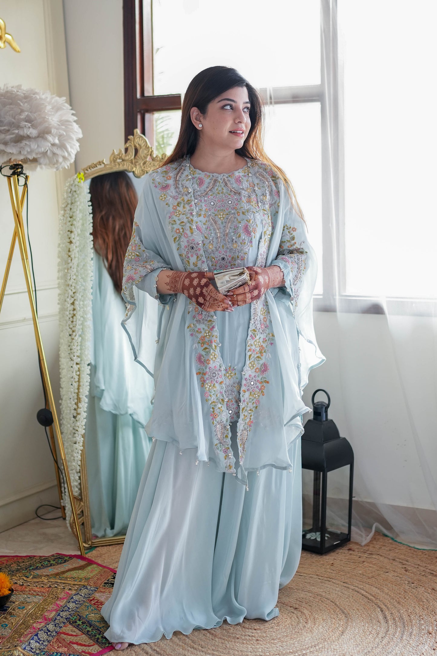 Luxe Silk Embroidered Three Peice Cape Set