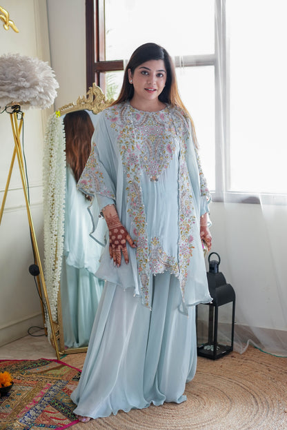 Luxe Silk Embroidered Three Peice Cape Set