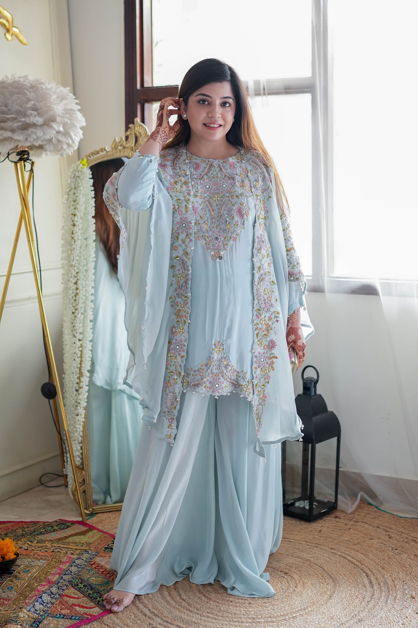 Luxe Silk Embroidered Three Peice Cape Set