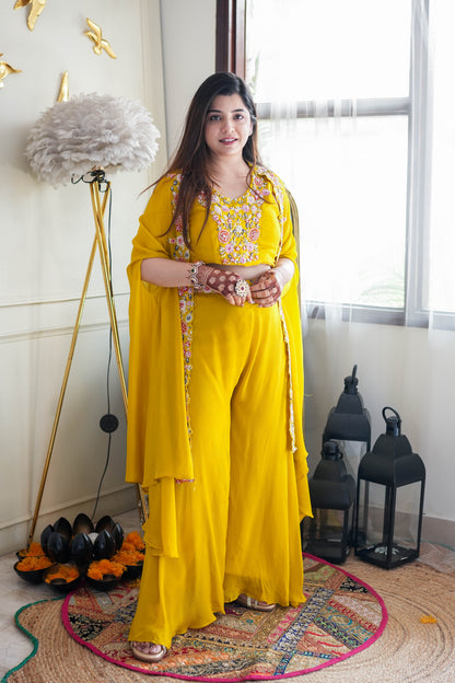 Jivaya Yellow Embroidered Three Piece Set