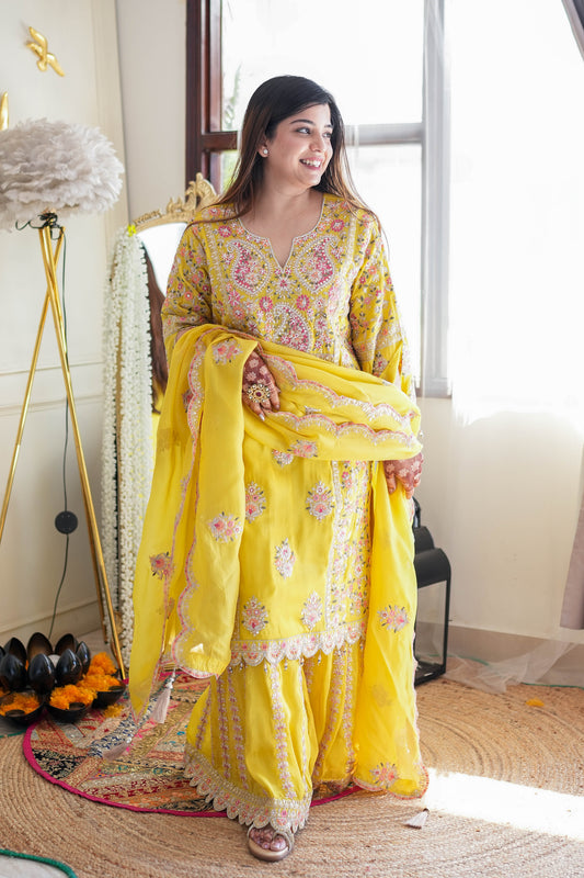 Heera Yellow Embroidred Garara Set