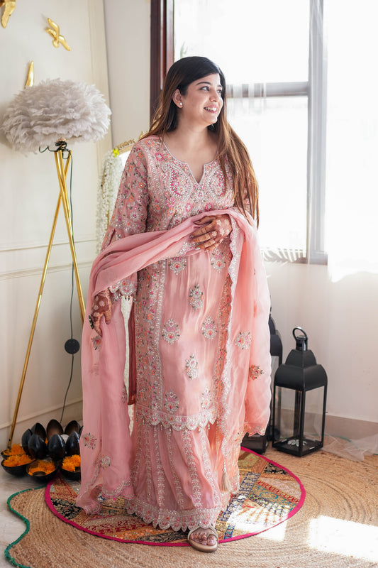 Heera Peach Emroidered Garara Set