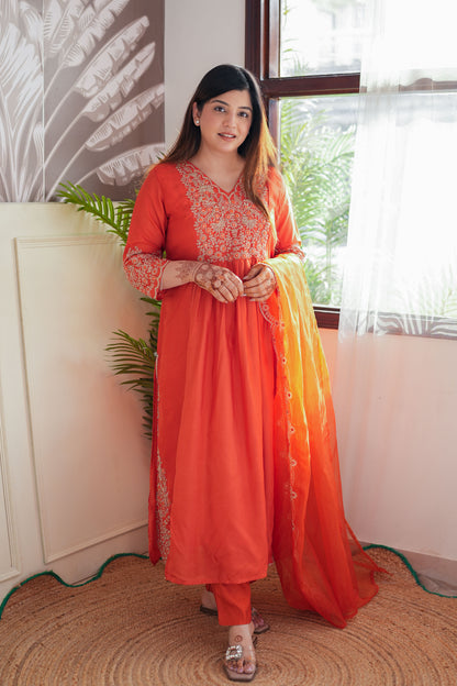 Neyah Orange Embroidered Suit Set