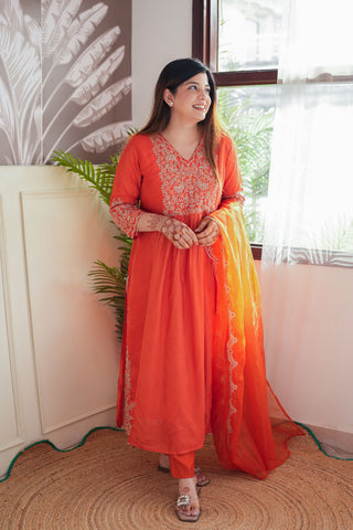 Neyah Orange Embroidered Suit Set