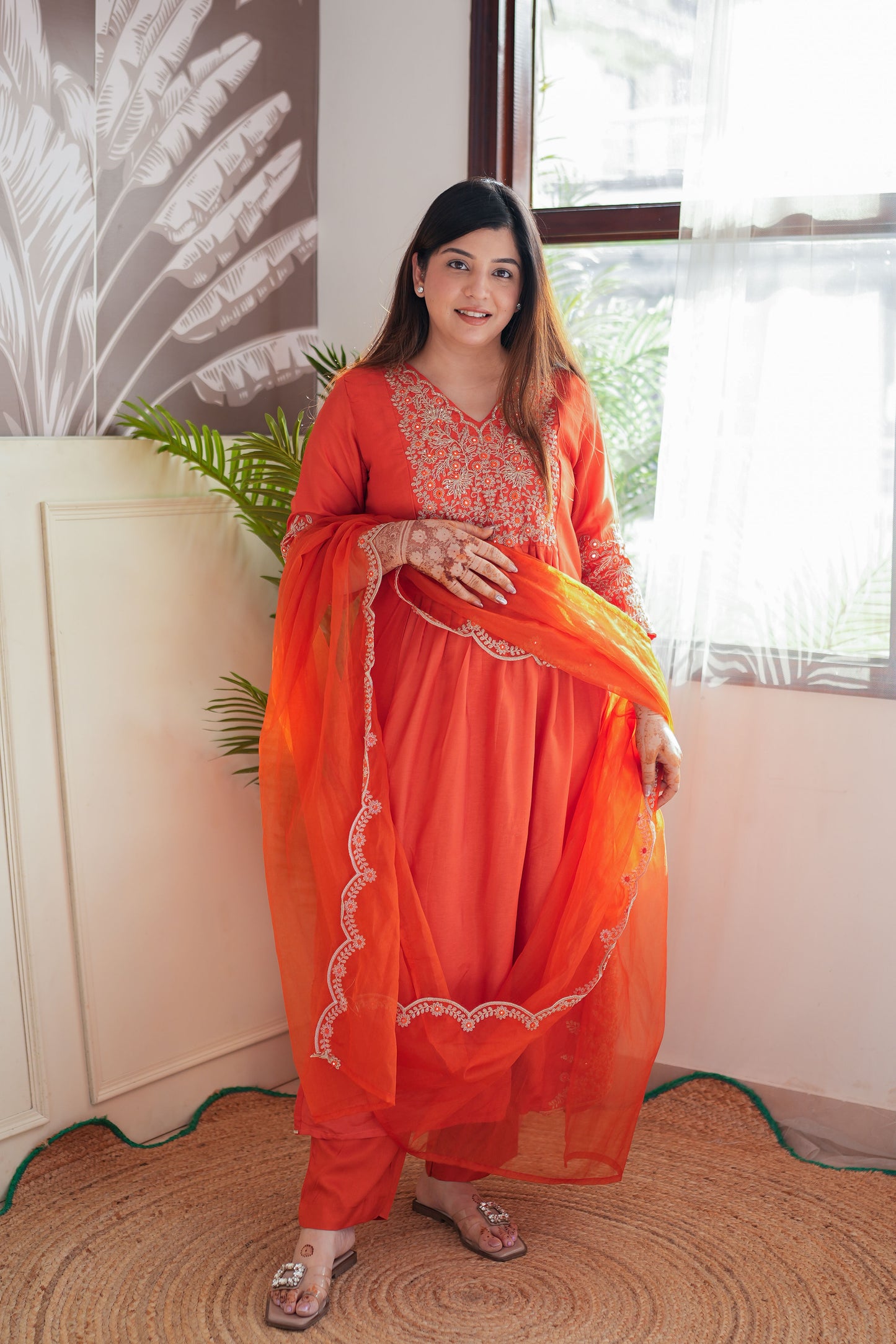 Neyah Orange Embroidered Suit Set