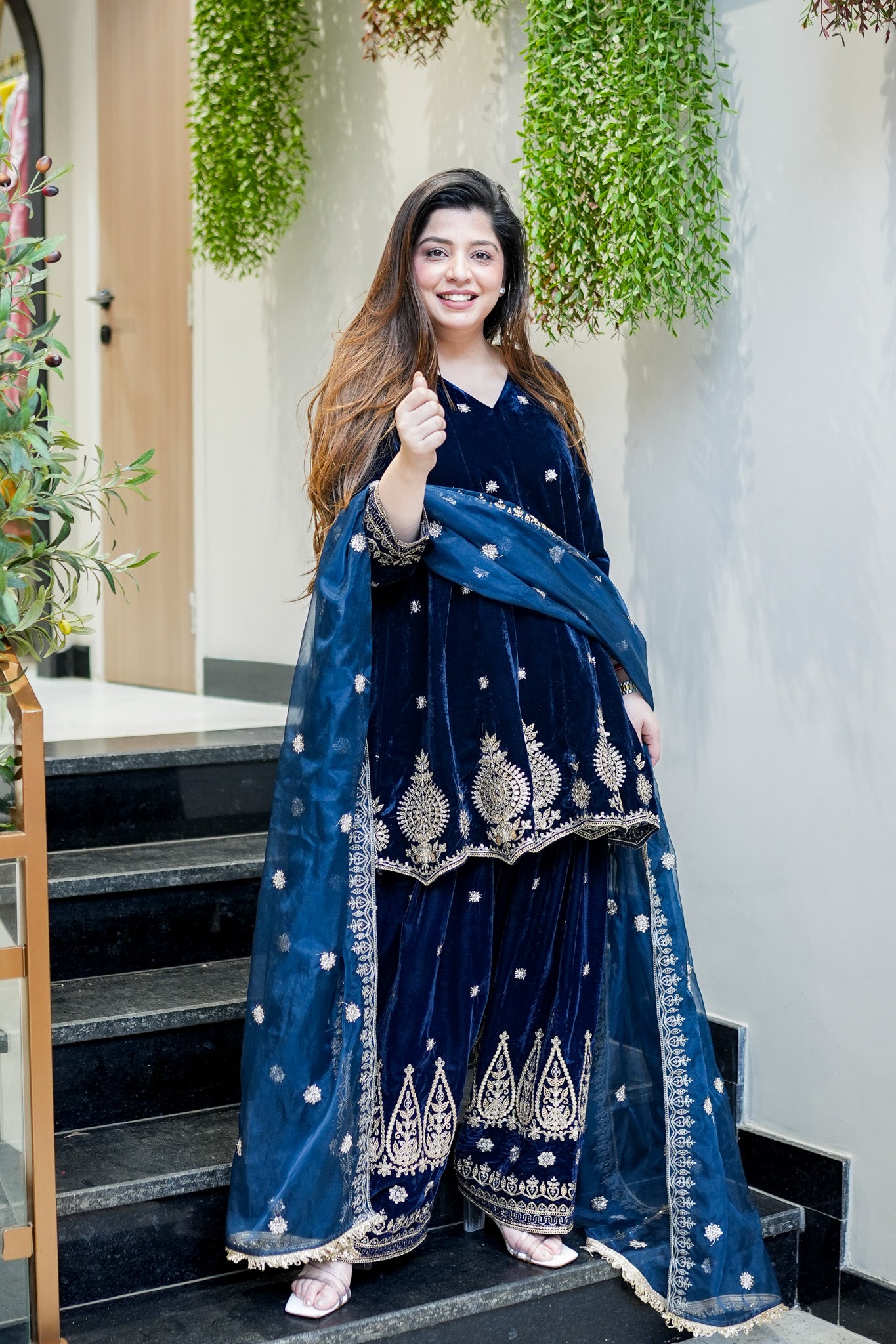 Zeenat Embroidered Velvet Short Anarkali Set