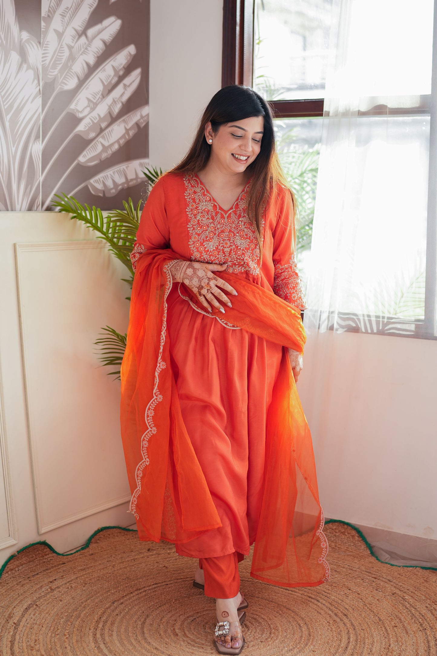 Neyah Orange Embroidered Suit Set