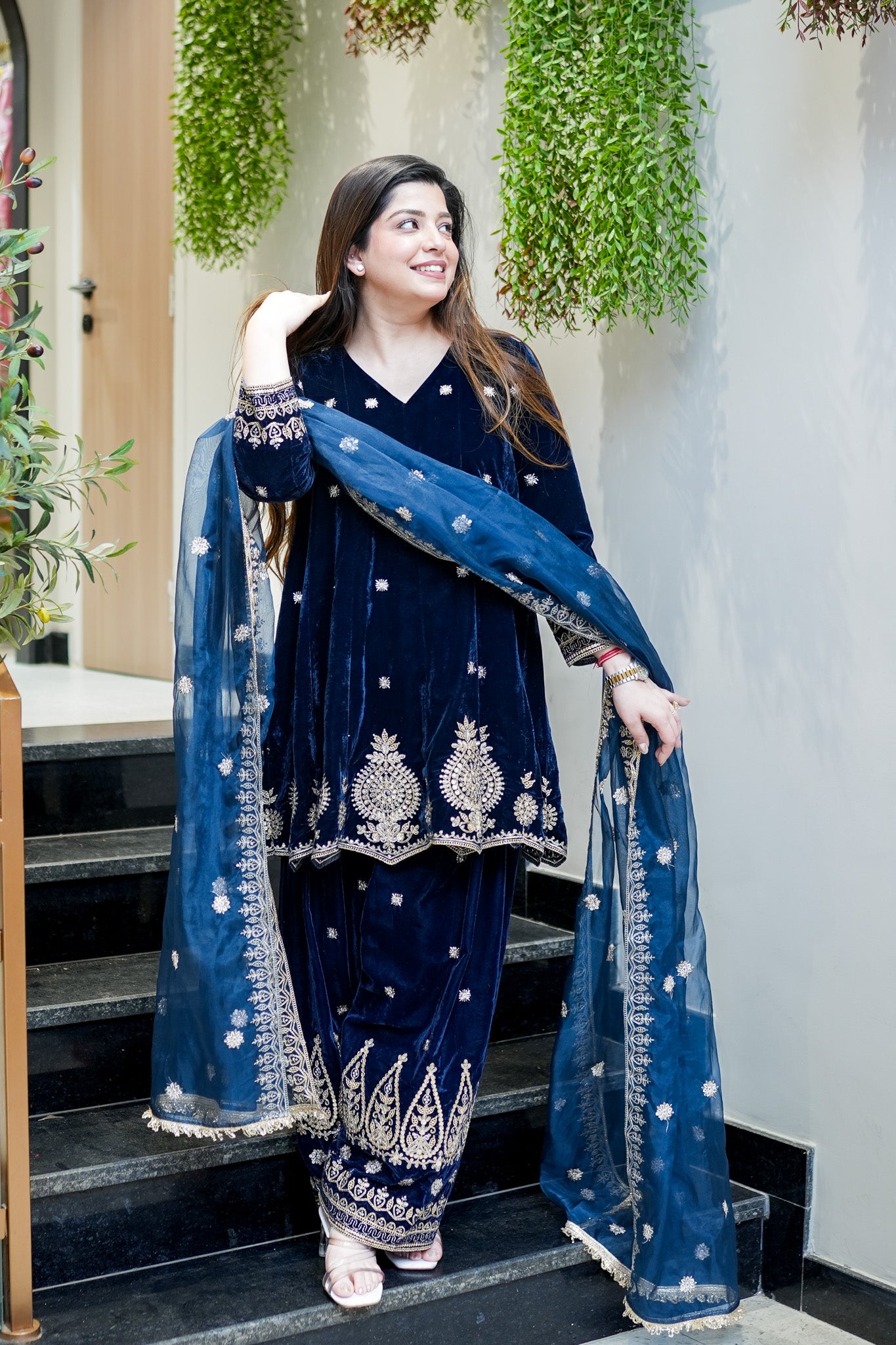 Zeenat Embroidered Velvet Short Anarkali Set