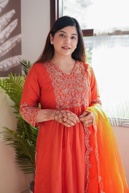 Neyah Orange Embroidered Suit Set