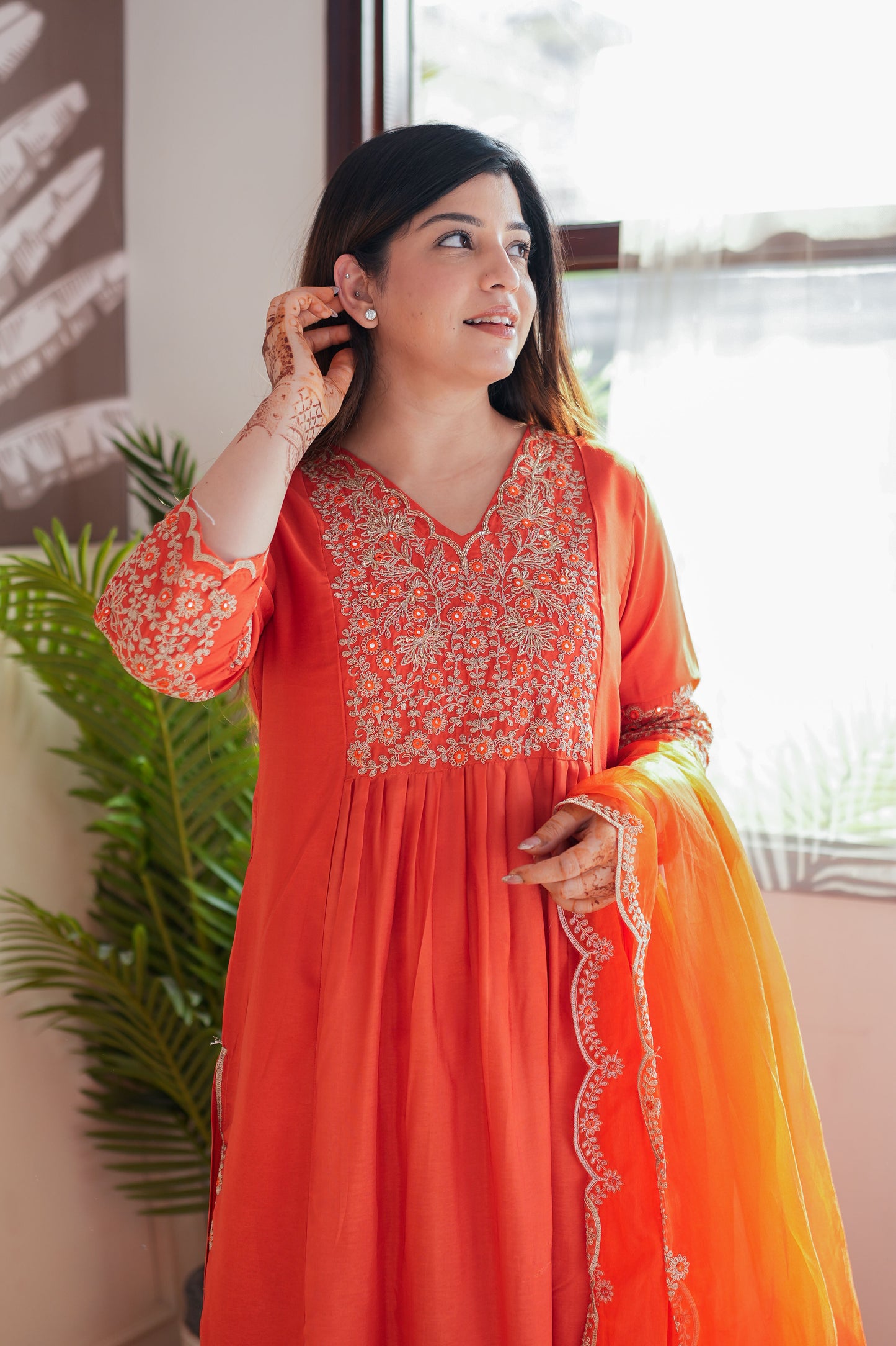 Neyah Orange Embroidered Suit Set