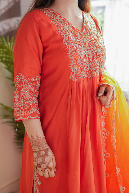 Neyah Orange Embroidered Suit Set