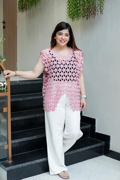 Yas Pink Pearl Detailing Cutwork Top