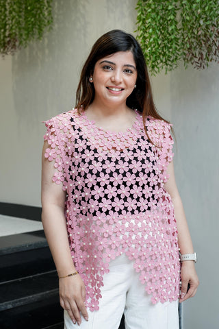 Yas Pink Pearl Detailing Cutwork Top