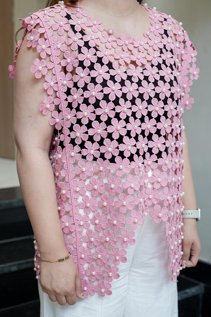 Yas Pink Pearl Detailing Cutwork Top