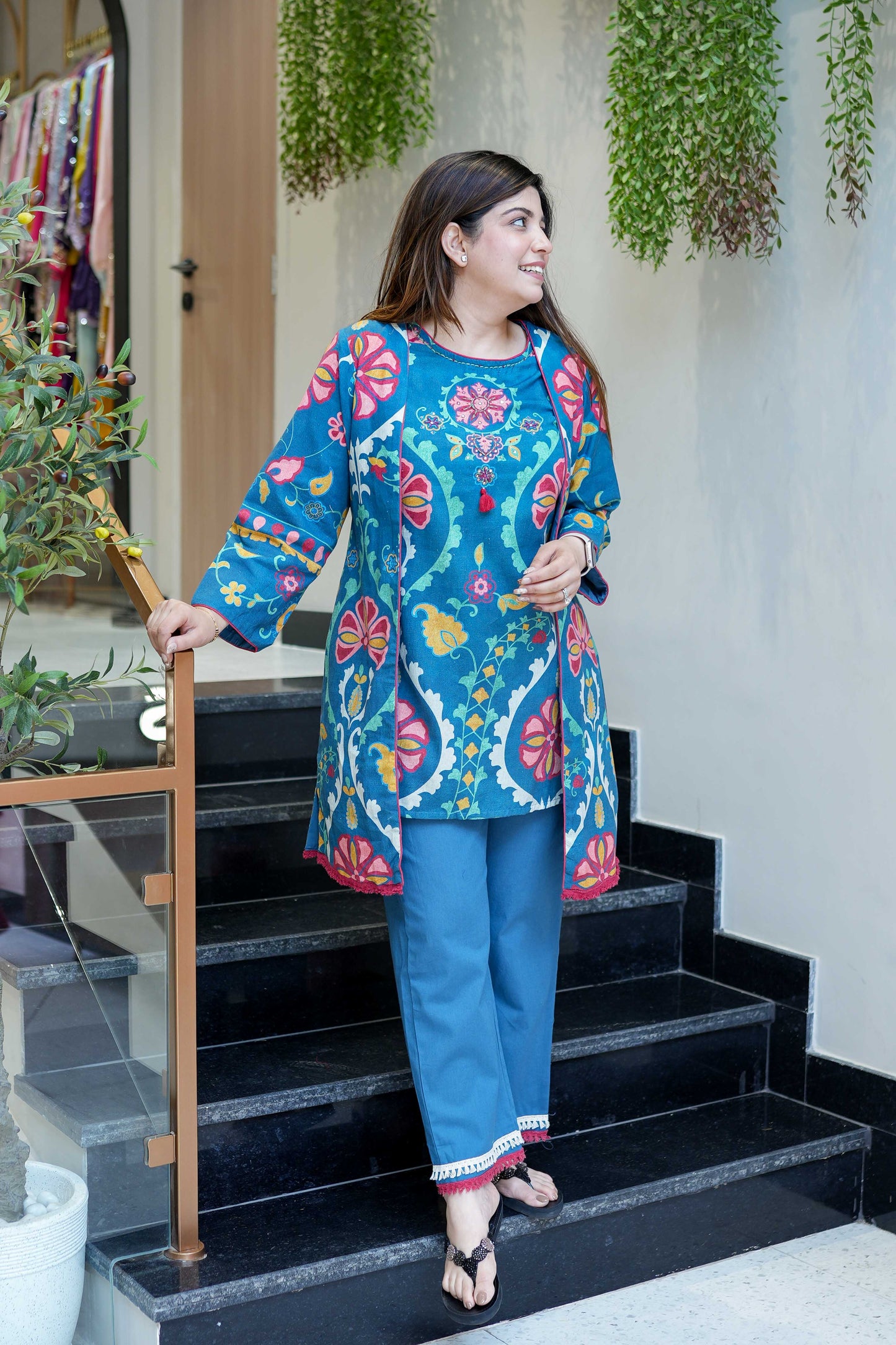Mila Blue Floral Printed Cape Set