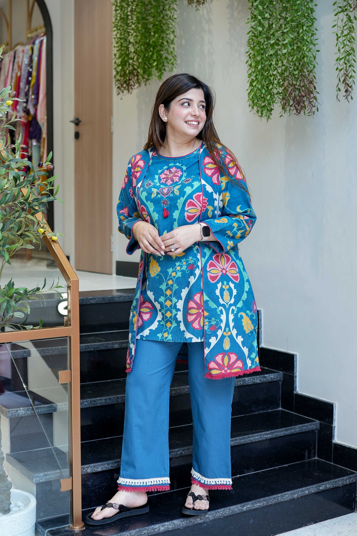 Mila Blue Floral Printed Cape Set