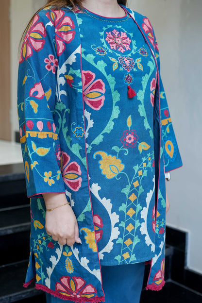 Mila Blue Floral Printed Cape Set