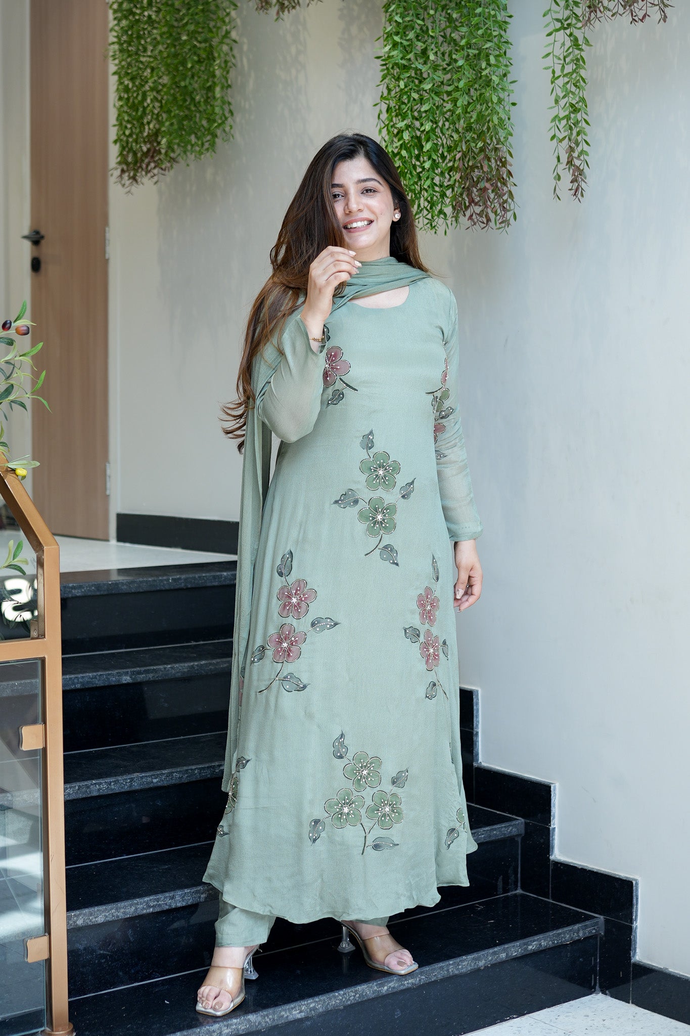 Safina Floral Detailing Anarkali Suit Set