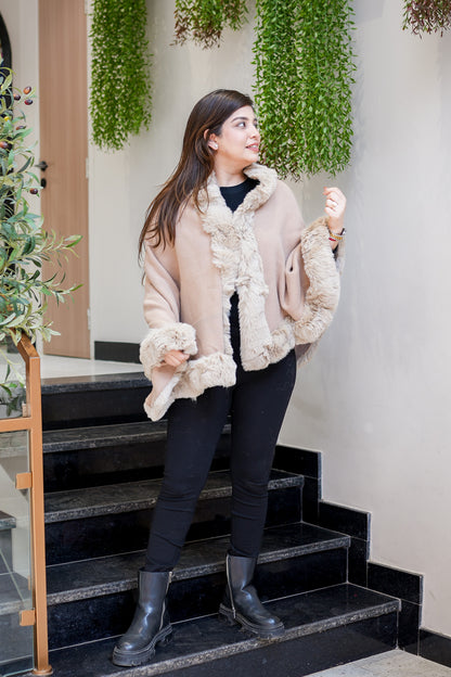 Fiora Beige Woollen Furr Cape