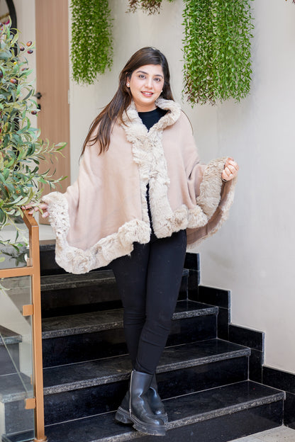 Fiora Beige Woollen Furr Cape