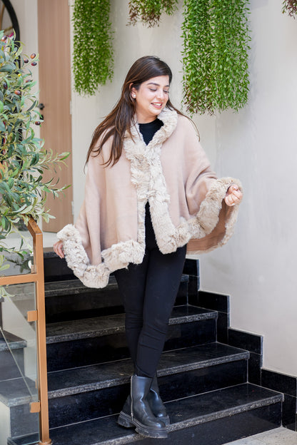 Fiora Beige Woollen Furr Cape