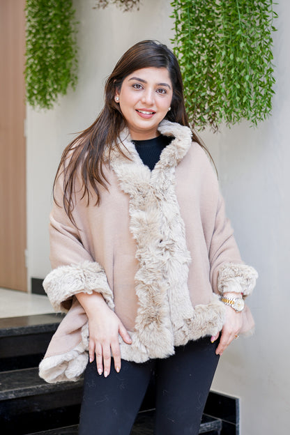 Fiora Beige Woollen Furr Cape