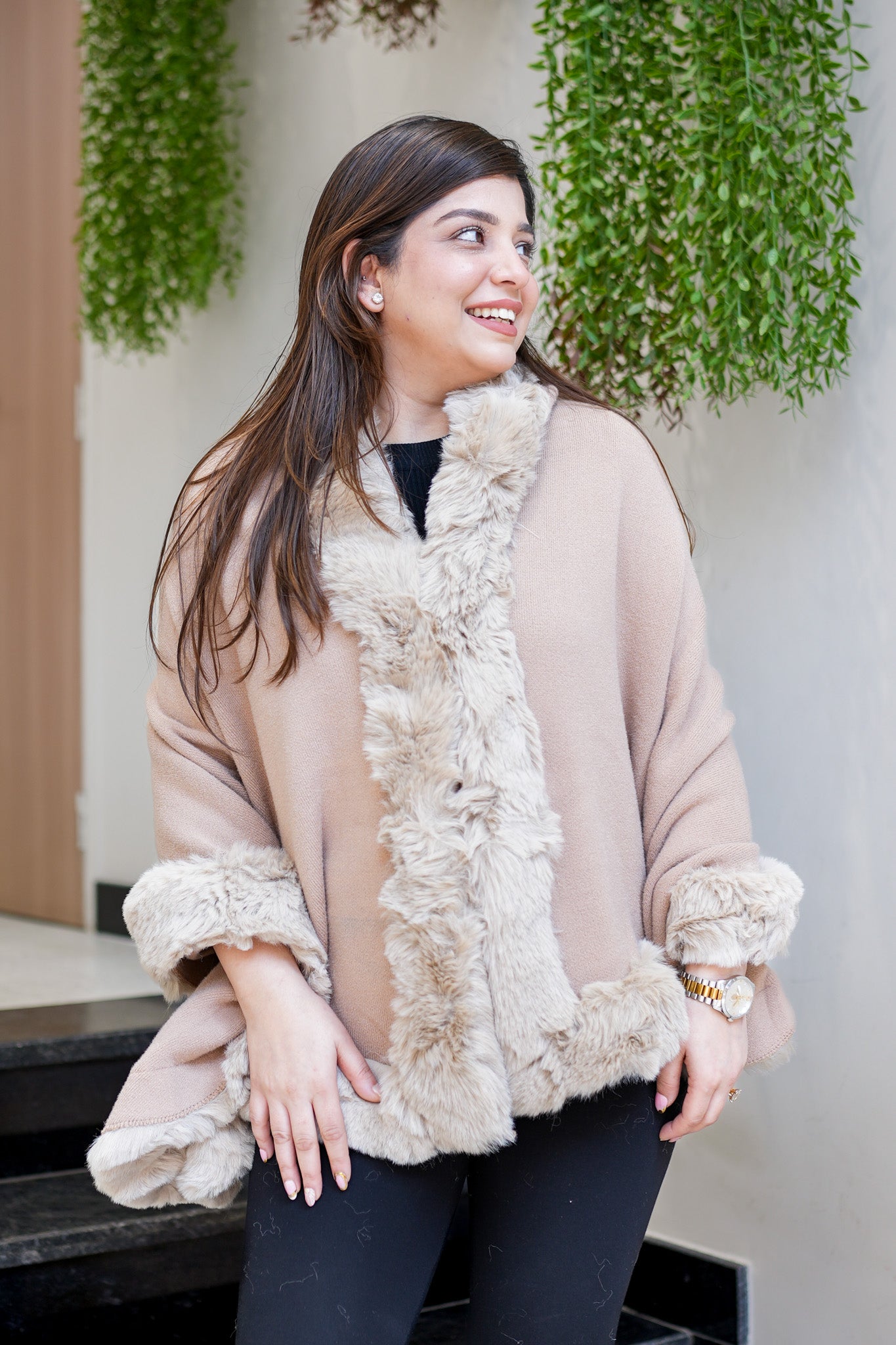 Fiora Beige Woollen Furr Cape