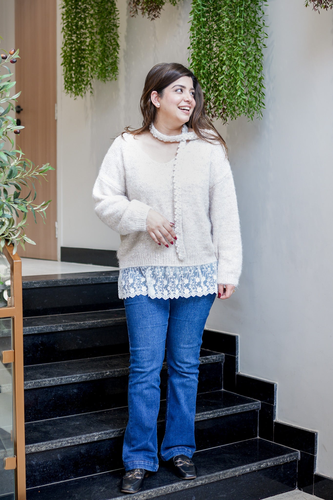 Cove Beige Woollen Lace Detailing Sweater