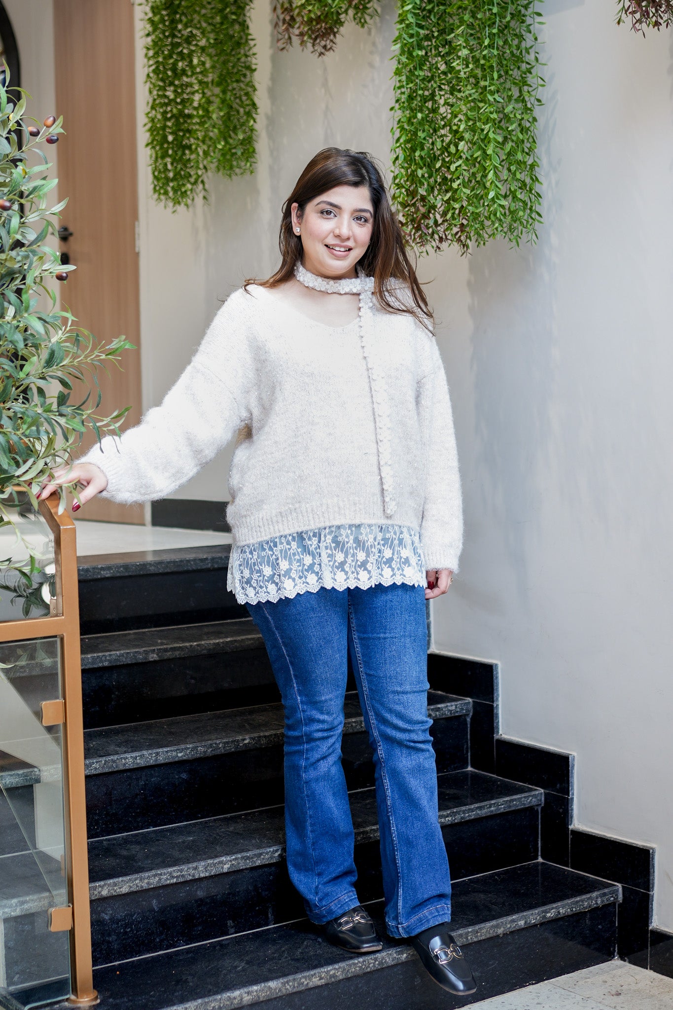 Cove Beige Woollen Lace Detailing Sweater