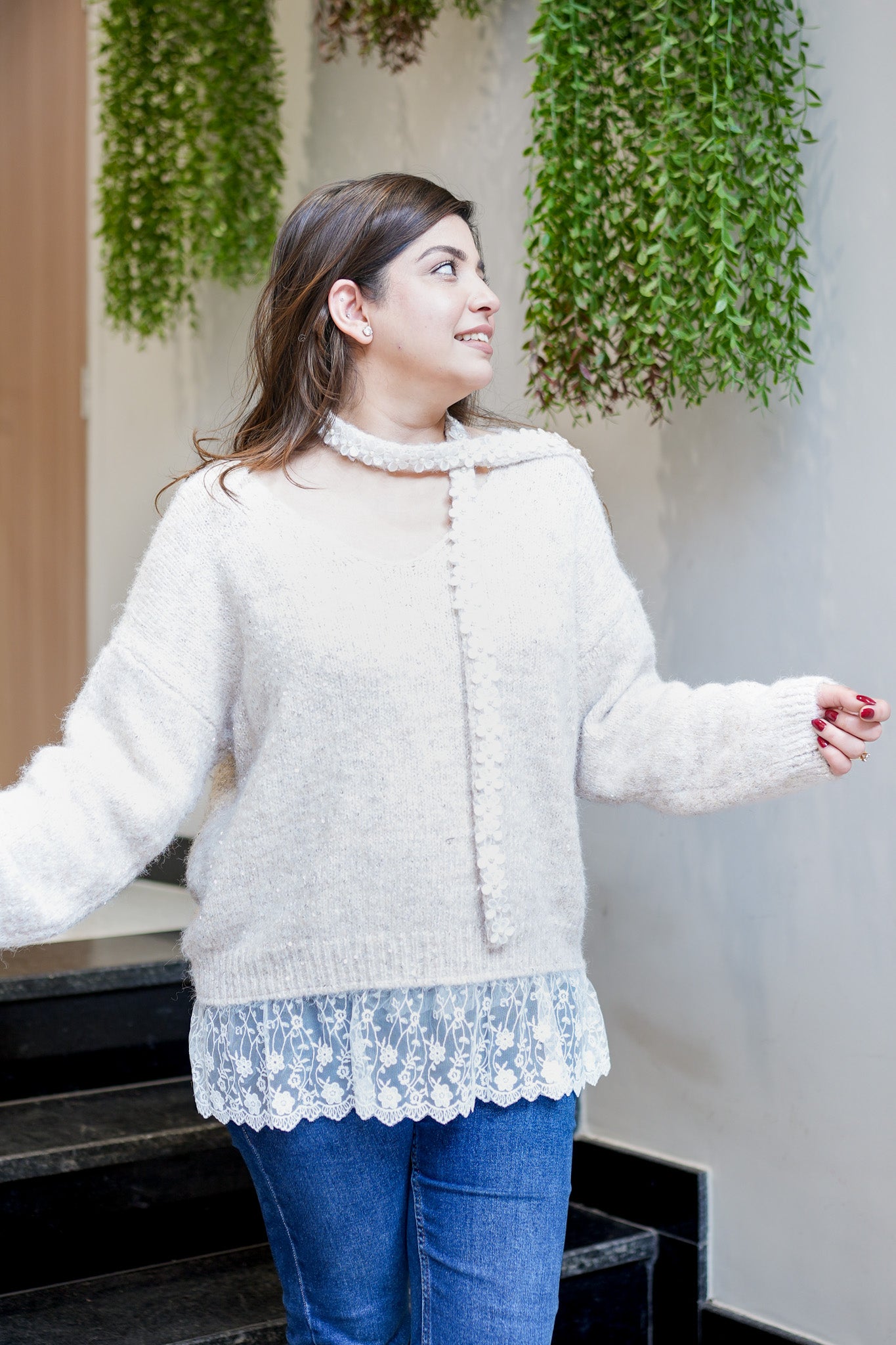 Cove Beige Woollen Lace Detailing Sweater