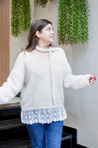 Cove Beige Woollen Lace Detailing Sweater