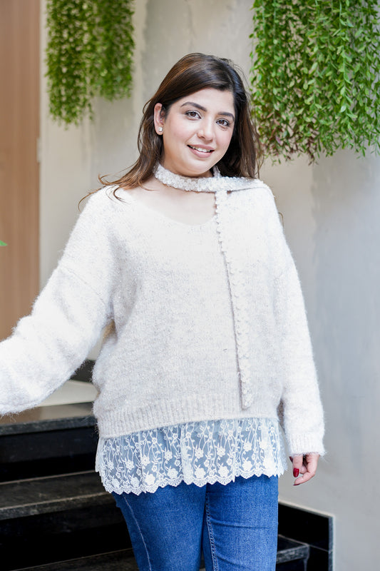 Cove Beige Woollen Lace Detailing Sweater