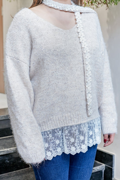 Cove Beige Woollen Lace Detailing Sweater