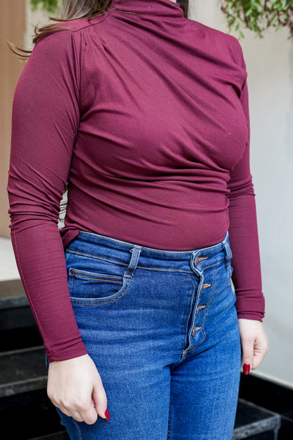 Nora Wine Pleated Full Sleeves Top
