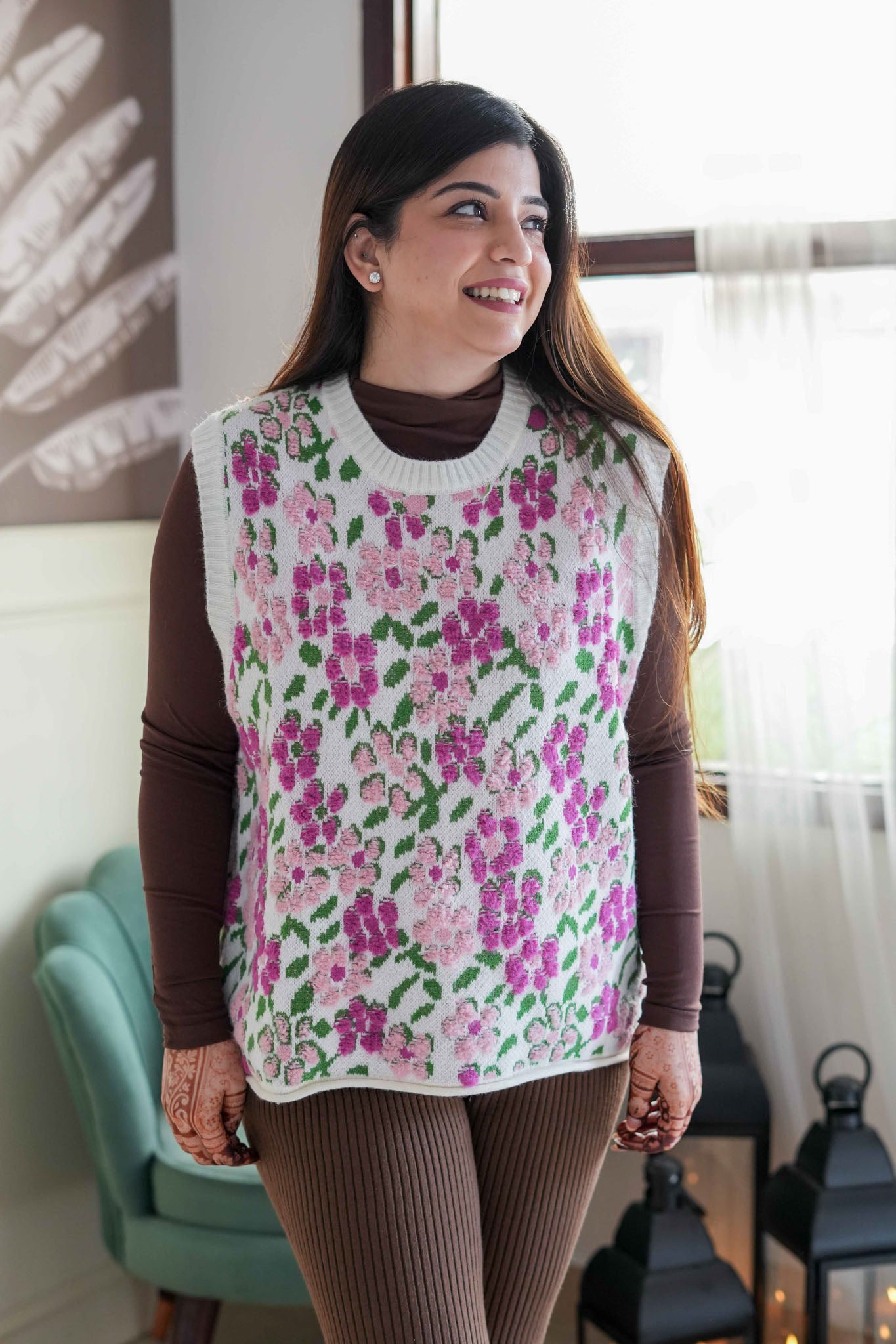 Jenny White Floral Cut Sleeves Sweater