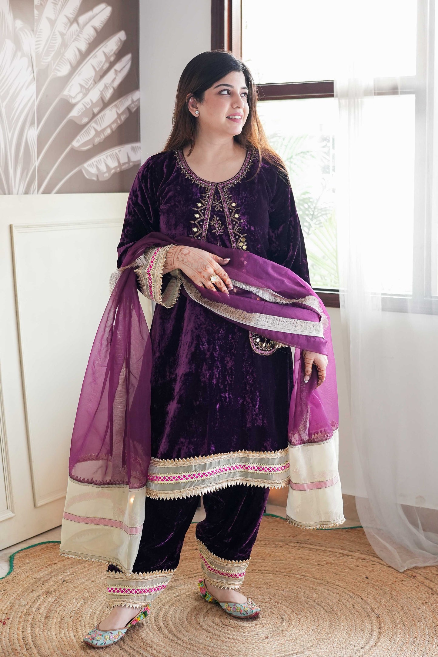 Mehra Wine Embroidered Velvet Suit