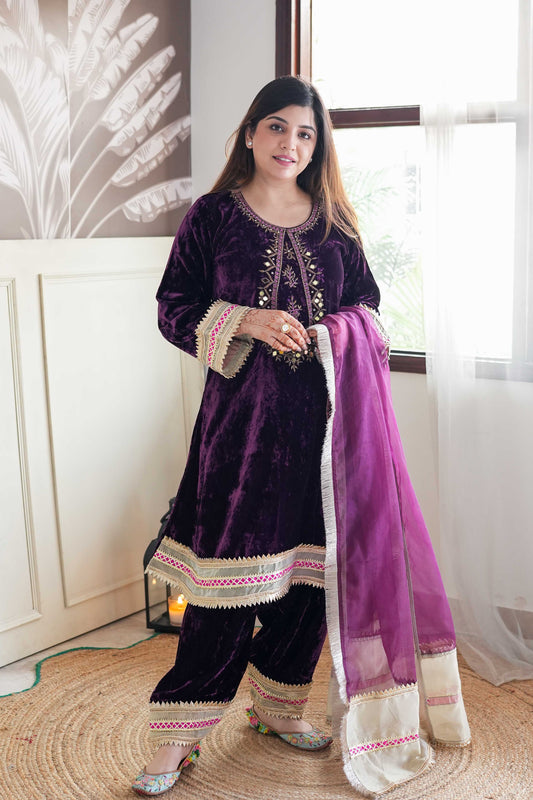 Mehra Wine Embroidered Velvet Suit