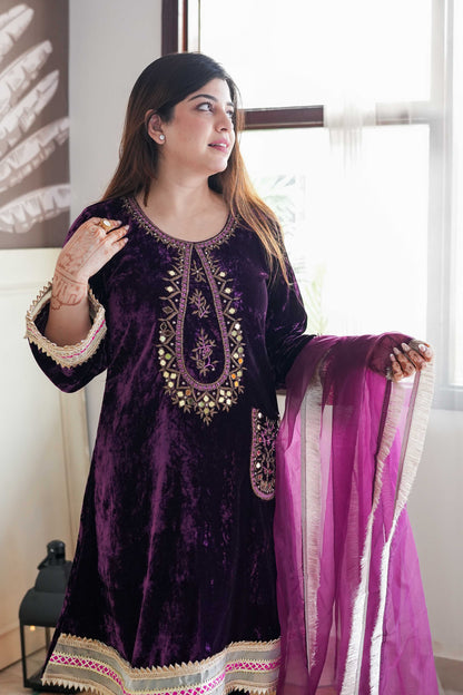 Mehra Wine Embroidered Velvet Suit