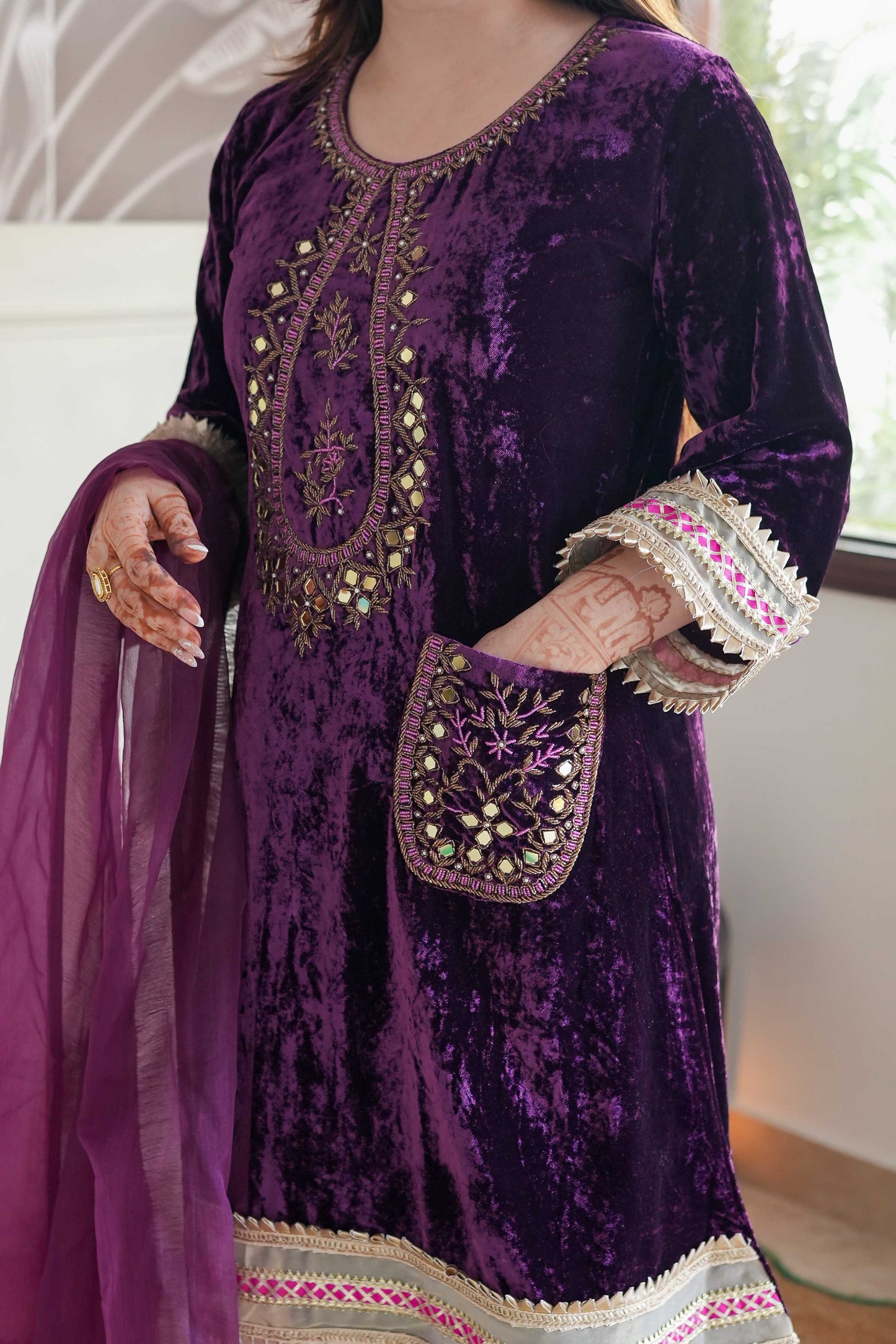 Mehra Wine Embroidered Velvet Suit