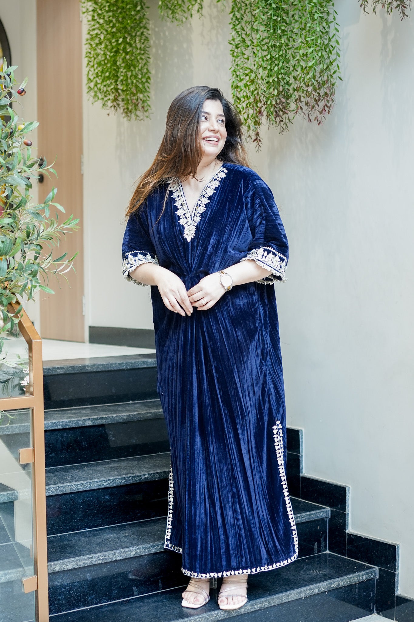 Gia Embroidered Side Slit Velvet Dress