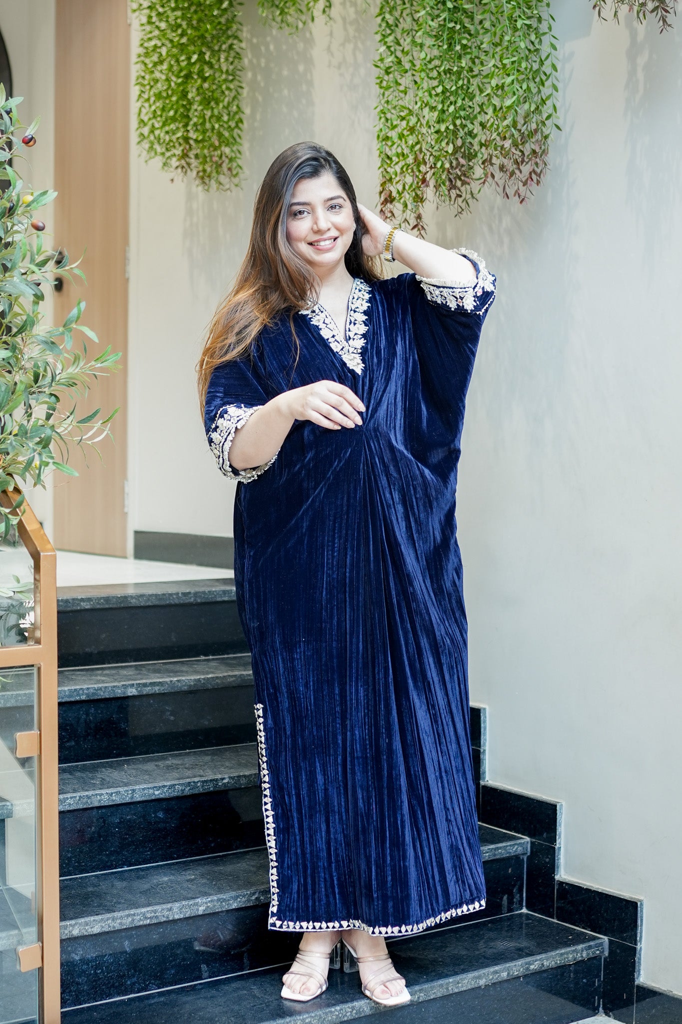 Gia Embroidered Side Slit Velvet Dress