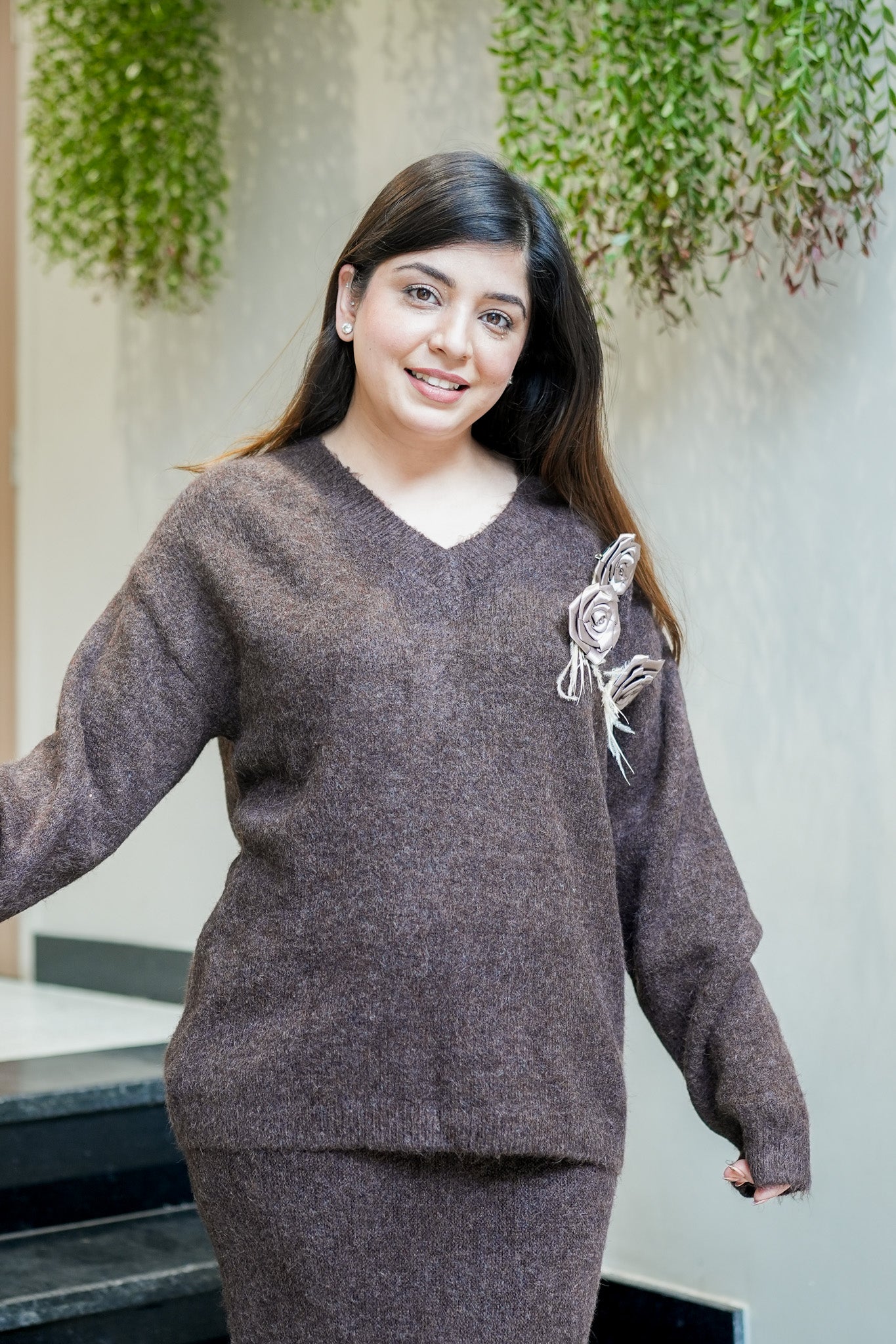 Hazel Flower Detailing Woollen Skirt Set