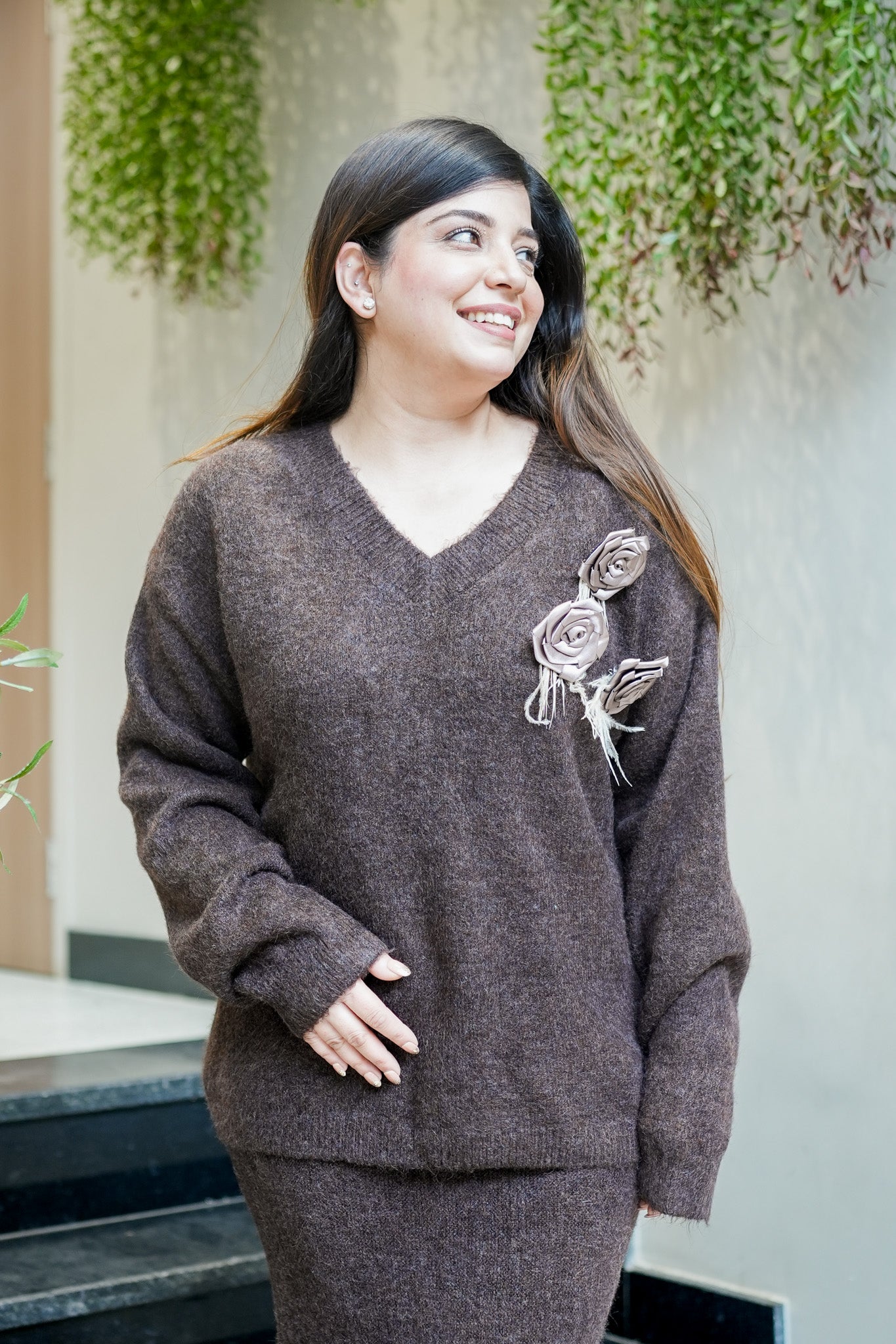 Hazel Flower Detailing Woollen Skirt Set